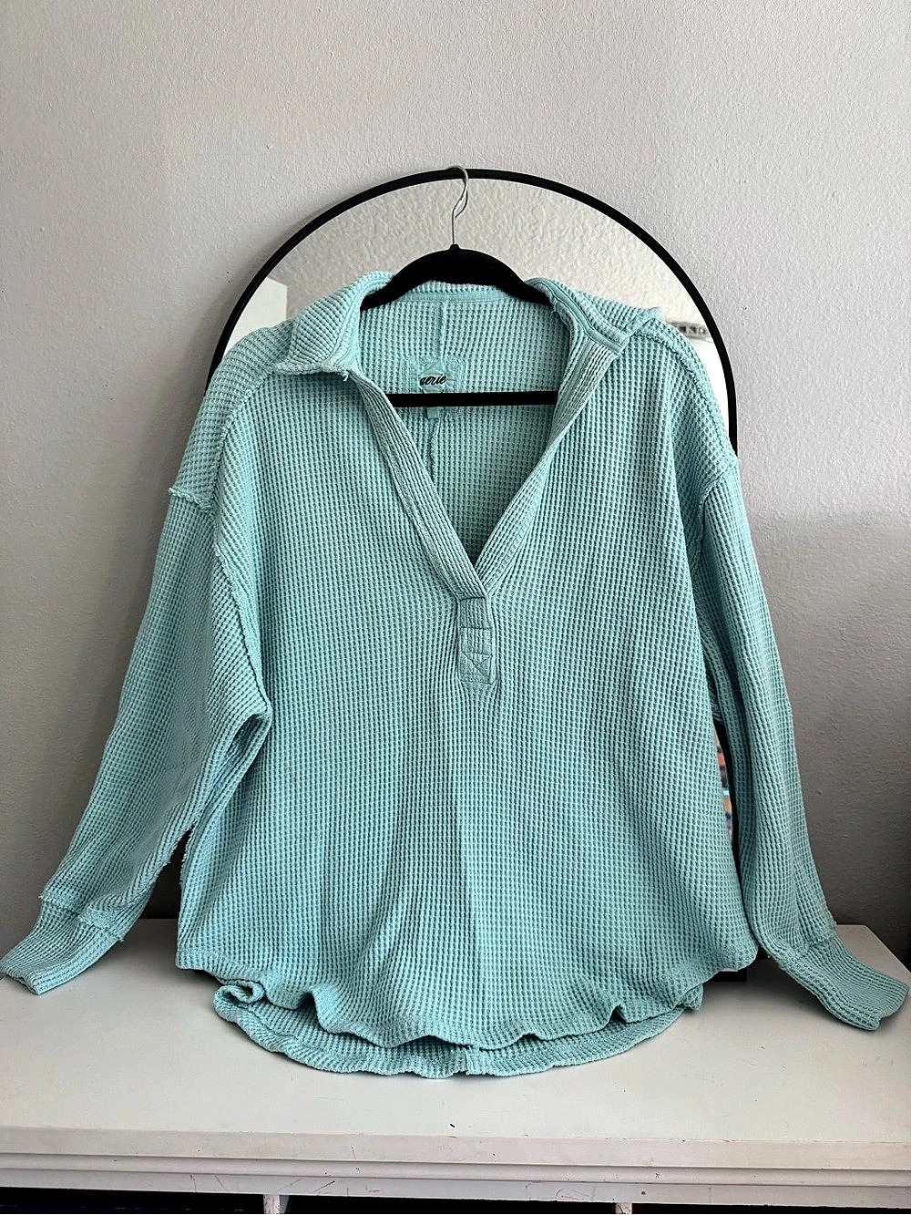 aerie Unwind Waffle Long Sleeve T-Shirt Tunic Green Medium